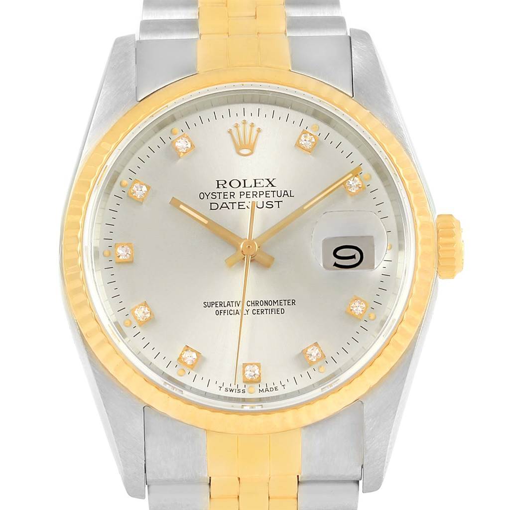 The image shows a front view of a Rolex Datejust 16233 Men
s Steel and Gold (two tone) Silver Dial 16233 Men
s Steel and Gold (two tone) Silver Dial watch, highlighting the face, bezel, hands, crown, and part of the bracelet.