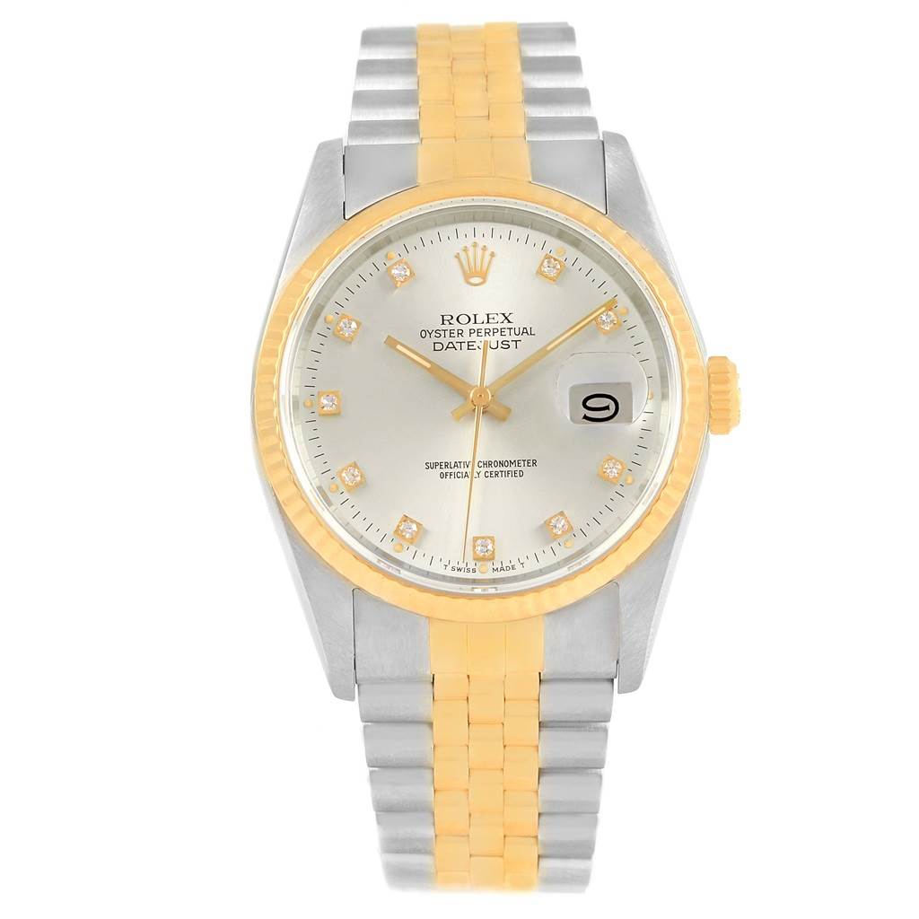 This Rolex Datejust 16233 Men
s Steel and Gold (two tone) Silver Dial 16233 Men
s Steel and Gold (two tone) Silver Dial watch is shown from the front, displaying the dial, bezel, and two-tone bracelet.