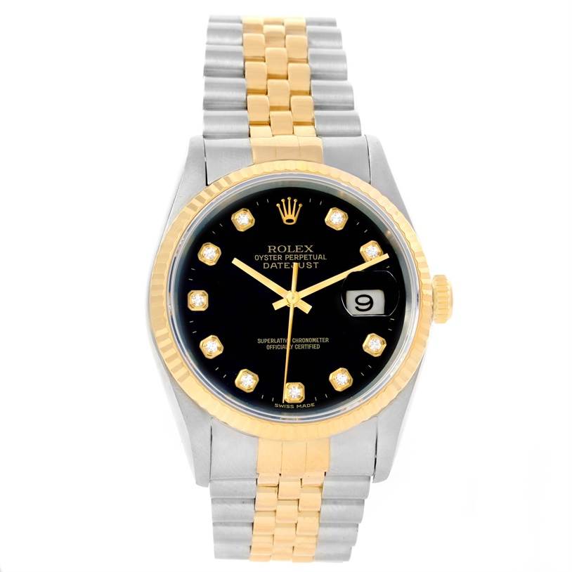 The Rolex Datejust 16233 Men's Steel and Gold (two tone) Black Dial 16233 Men's Steel and Gold (two tone) Black Dial watch is shown from the front, displaying the bezel, dial, hands, date indicator, and the two-tone bracelet.