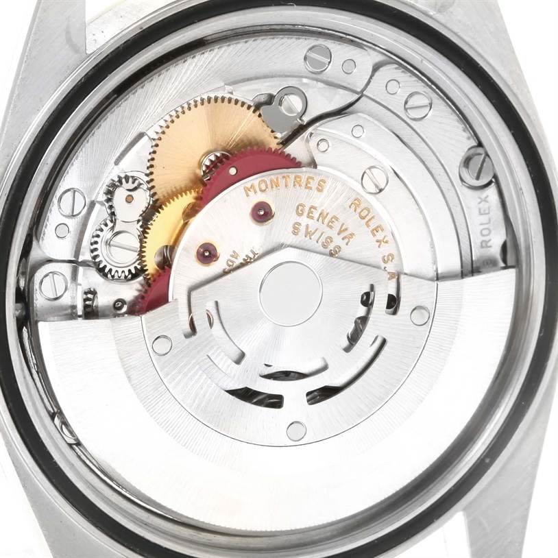 This image shows the back view of the movement inside a Rolex Datejust 16233 Men's Steel and Gold (two tone) Black Dial 16233 Men's Steel and Gold (two tone) Black Dial watch.