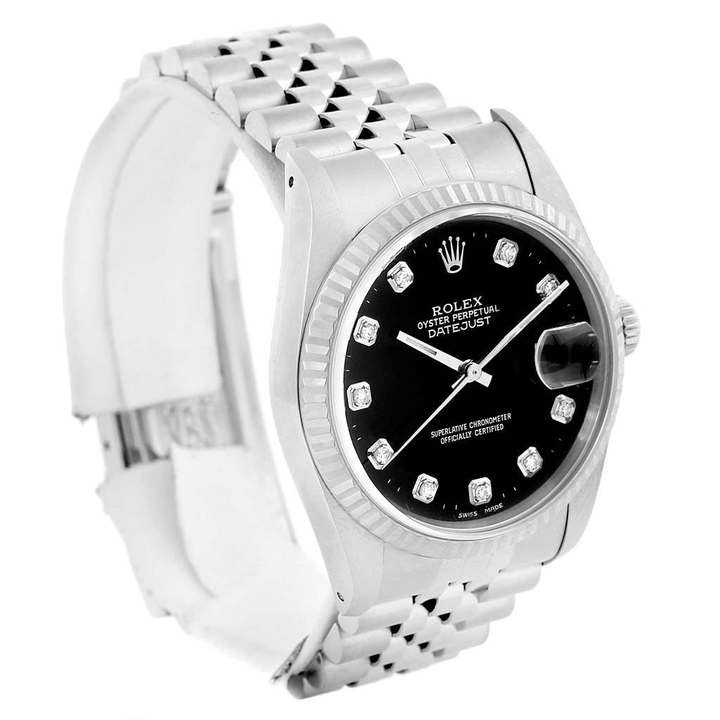 The Rolex Datejust 16234 Men
s Stainless Steel Black Dial 16234 Men
s Stainless Steel Black Dial watch is shown at an angled view, displaying its face, bezel, bracelet, and clasp.