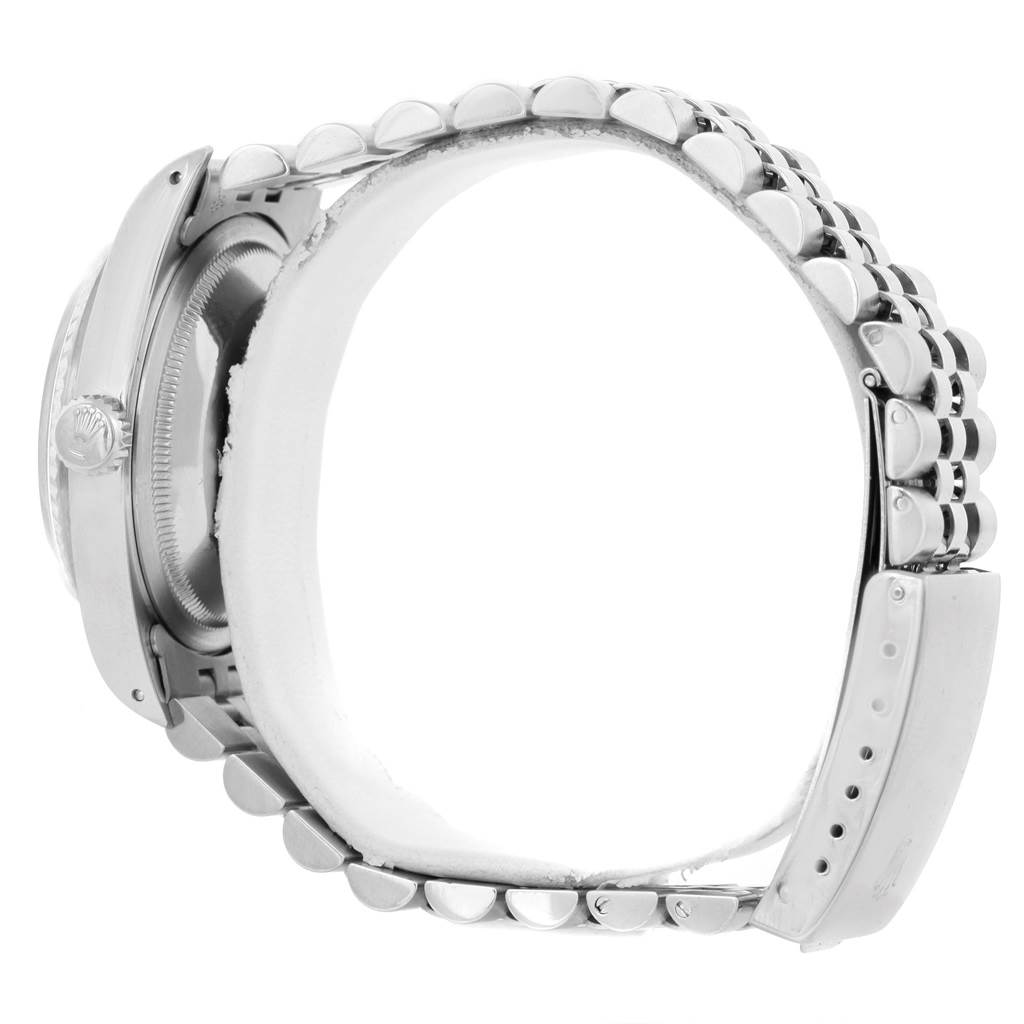 This image shows a side view of a Rolex Datejust 16234 Men
s Stainless Steel Black Dial 16234 Men
s Stainless Steel Black Dial watch highlighting its bracelet and clasp.