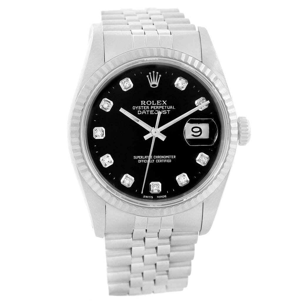 The Rolex Datejust 16234 Men
s Stainless Steel Black Dial 16234 Men
s Stainless Steel Black Dial model watch is shown from the front, highlighting its black dial, date display, and silver bracelet.
