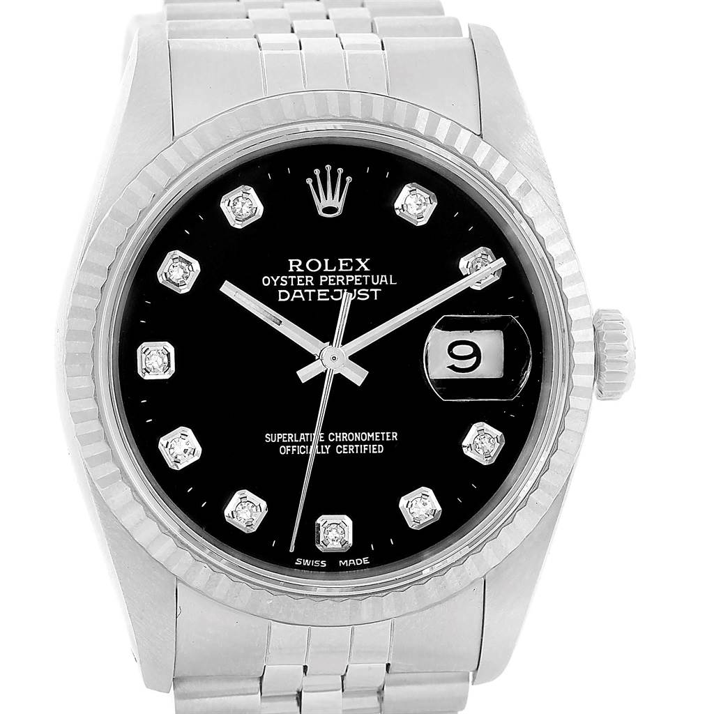 This image shows a frontal view of a Rolex Datejust 16234 Men
s Stainless Steel Black Dial 16234 Men
s Stainless Steel Black Dial watch, highlighting its black dial, date window, and diamond hour markers.