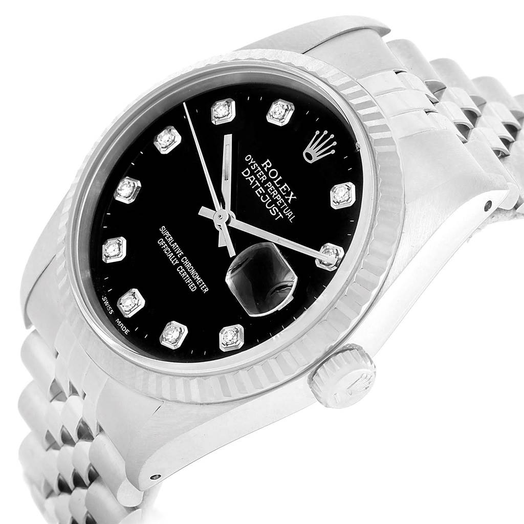 The Rolex Datejust 16234 Men
s Stainless Steel Black Dial 16234 Men
s Stainless Steel Black Dial watch is shown at a slight angle, displaying its black dial, markers, bezel, crown, and part of the bracelet.