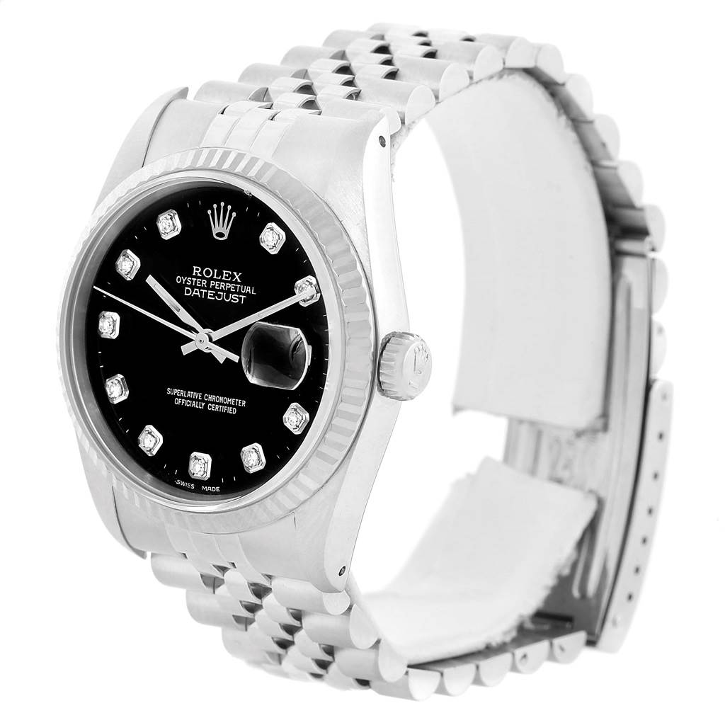 The Rolex Datejust 16234 Men
s Stainless Steel Black Dial 16234 Men
s Stainless Steel Black Dial watch is shown at a three-quarter angle, highlighting the face, bezel, and band.