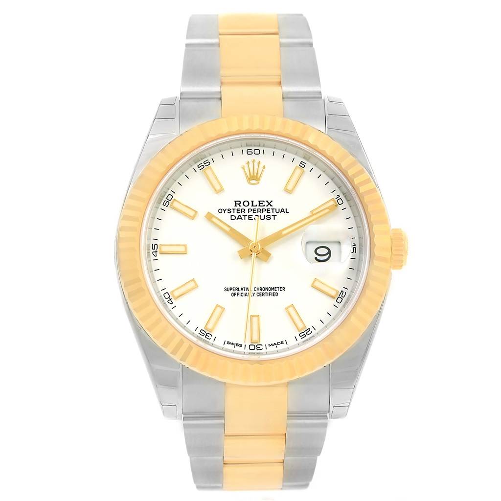 The Rolex Datejust 126333 Men's Steel and Gold (two tone) White Dial 126333 Men's Steel and Gold (two tone) White Dial watch is shown from a frontal angle, highlighting the face, bezel, and two-tone bracelet.