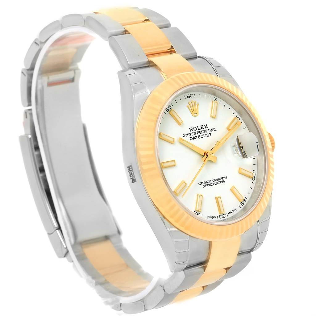 The Rolex Datejust 126333 Men's Steel and Gold (two tone) White Dial 126333 Men's Steel and Gold (two tone) White Dial watch is shown at an angled view, highlighting its face, bezel, and two-tone bracelet.