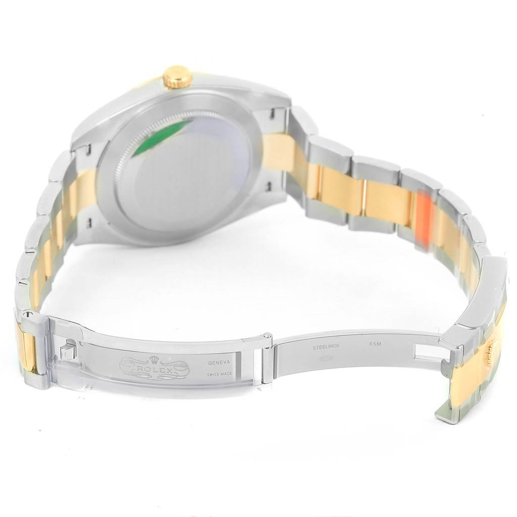 The image shows the open clasp and back case of a Rolex Datejust 126333 Men's Steel and Gold (two tone) White Dial 126333 Men's Steel and Gold (two tone) White Dial watch, highlighting the bracelet and clasp inscriptions.