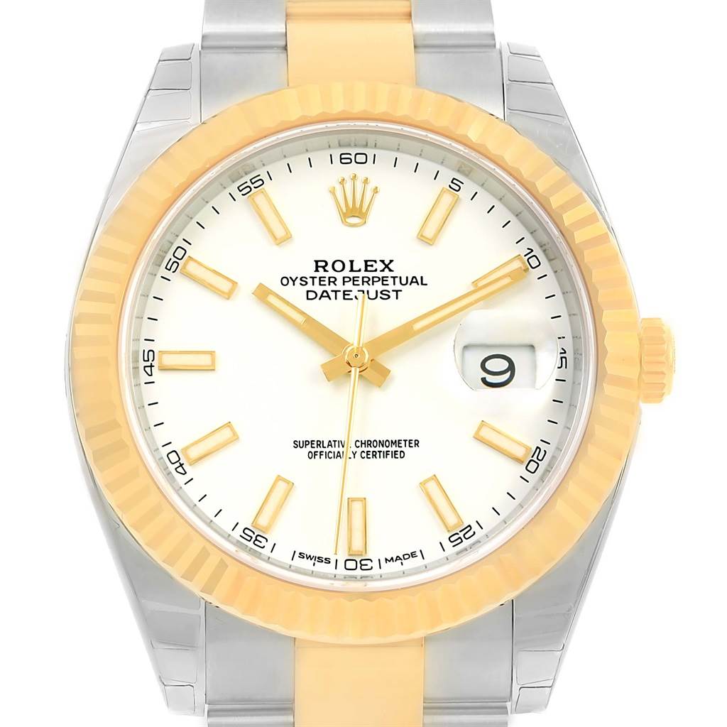 This image shows a frontal view of the Rolex Datejust 126333 Men's Steel and Gold (two tone) White Dial 126333 Men's Steel and Gold (two tone) White Dial watch, highlighting its face, hands, bezel, and crown.