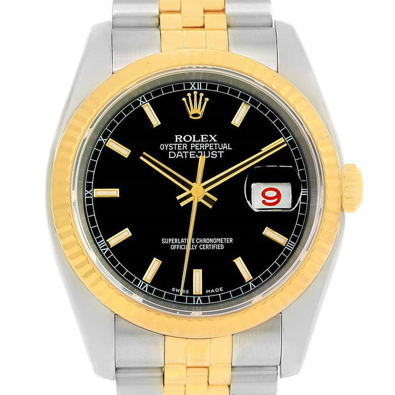 Rolex Datejust Steel Yellow Gold Black Baton Dial Mens Watch 116233 SwissWatchExpo