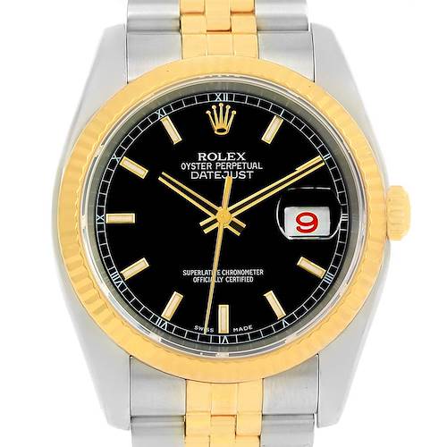 Photo of Rolex Datejust Steel Yellow Gold Black Baton Dial Mens Watch 116233