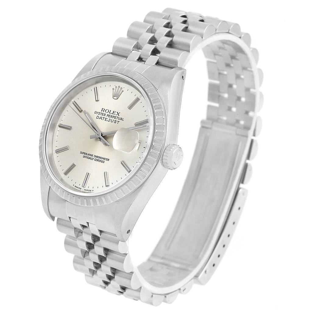 The image shows a Rolex Datejust 16220 Men
s Stainless Steel Silver Dial 16220 Men
s Stainless Steel Silver Dial watch angled from the front left displaying the dial, bezel, crown, and jubilee bracelet.