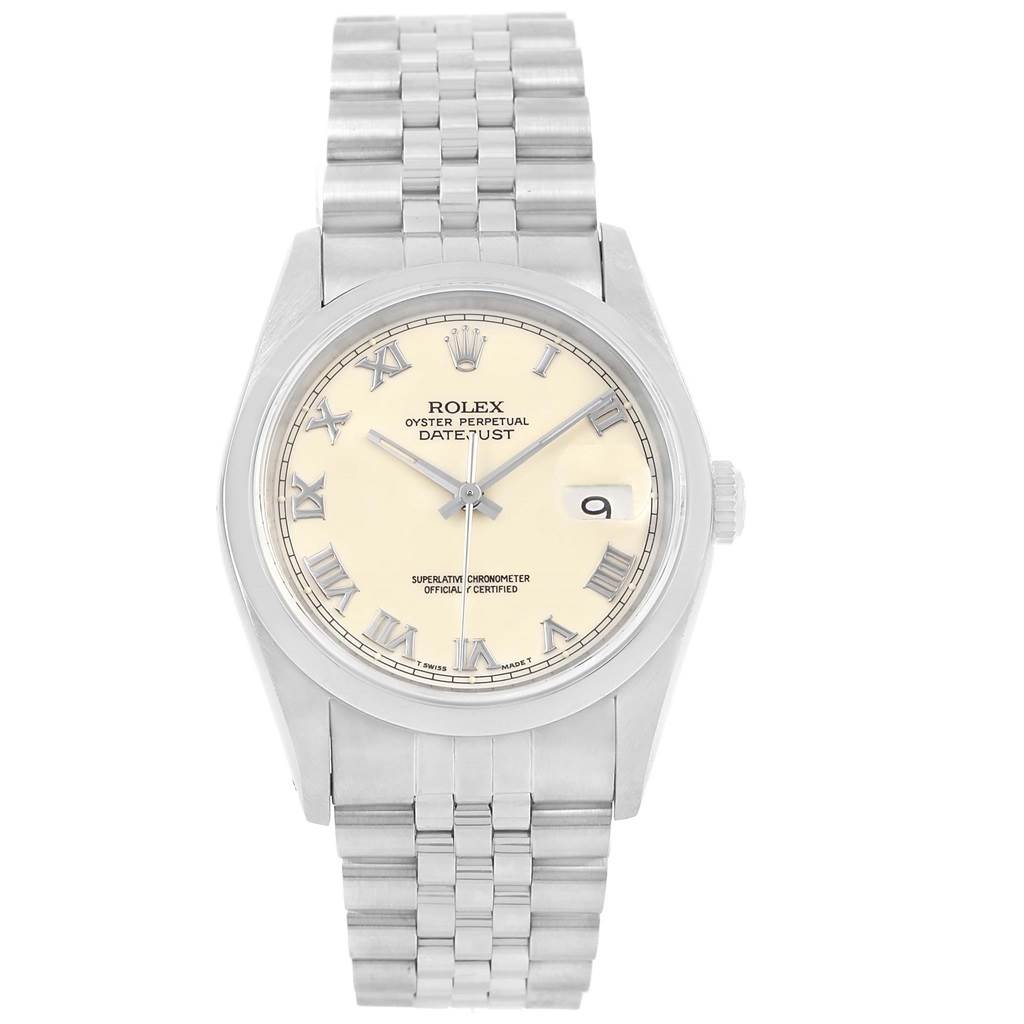 This image shows a front view of a Rolex Datejust 16200 Men's Stainless Steel Beige Dial 16200 Men's Stainless Steel Beige Dial watch, highlighting the dial, bracelet, and bezel.