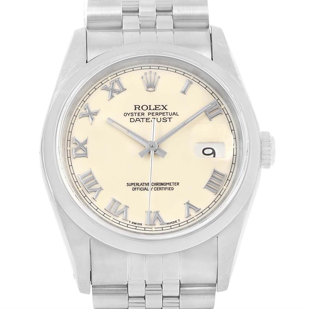 This image shows a frontal view of the Rolex Datejust 16200 Men's Stainless Steel Beige Dial 16200 Men's Stainless Steel Beige Dial watch displaying its dial, bezel, and a portion of the bracelet.