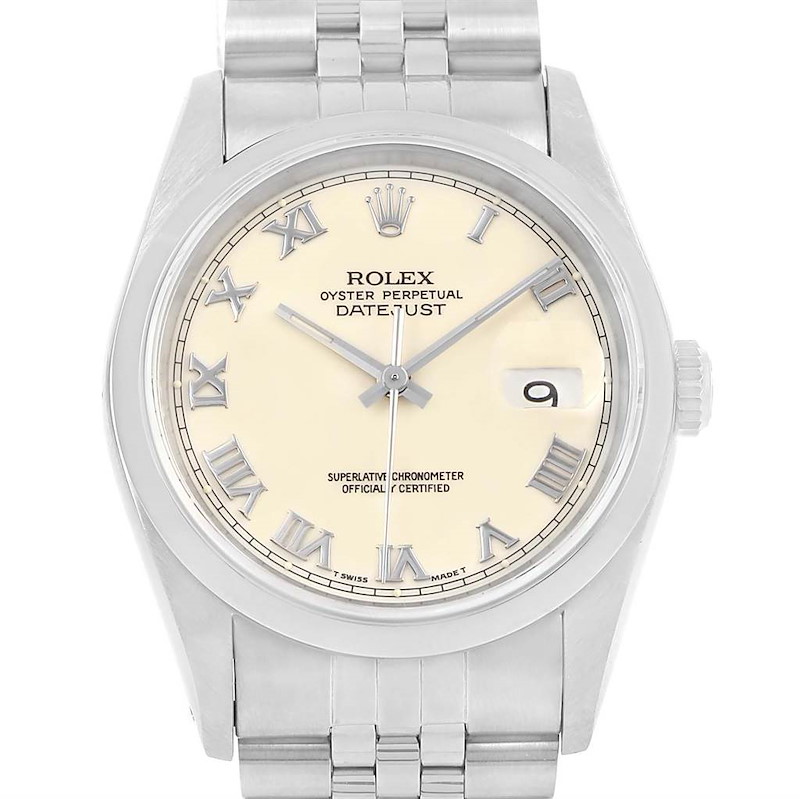 Rolex Datejust Ivory Roman Dial Steel Mens Watch 16200 Box Papers SwissWatchExpo