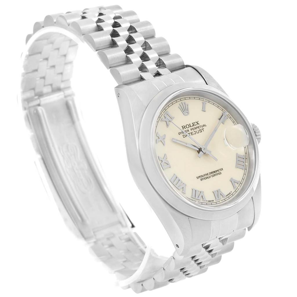 The image shows a Rolex Datejust 16200 Men's Stainless Steel Beige Dial 16200 Men's Stainless Steel Beige Dial watch at a three-quarter angle, highlighting the case, bezel, dial, bracelet, and crown.