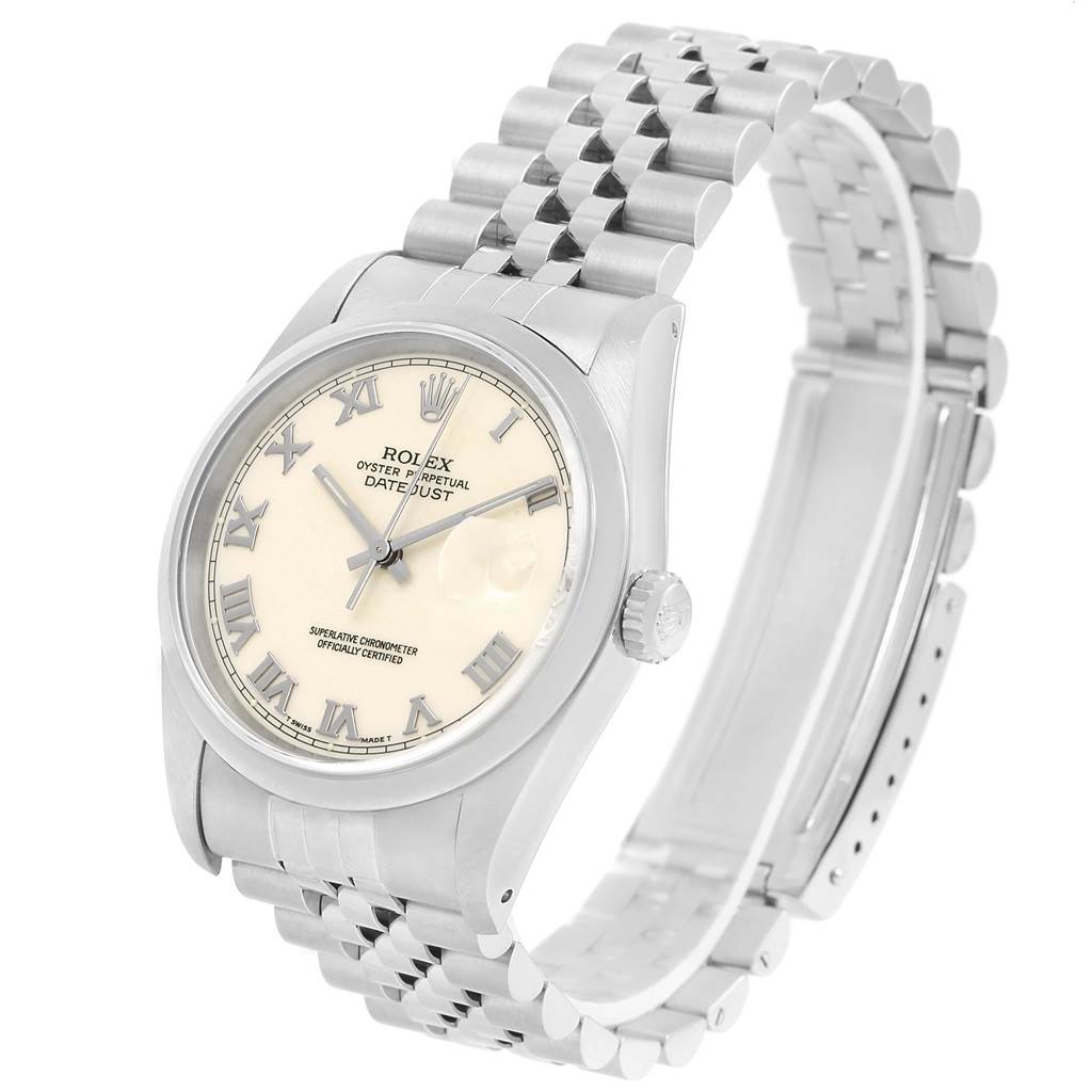 This image shows a Rolex Datejust 16200 Men's Stainless Steel Beige Dial 16200 Men's Stainless Steel Beige Dial watch from a front angle, displaying the face, bracelet, and partially open clasp.