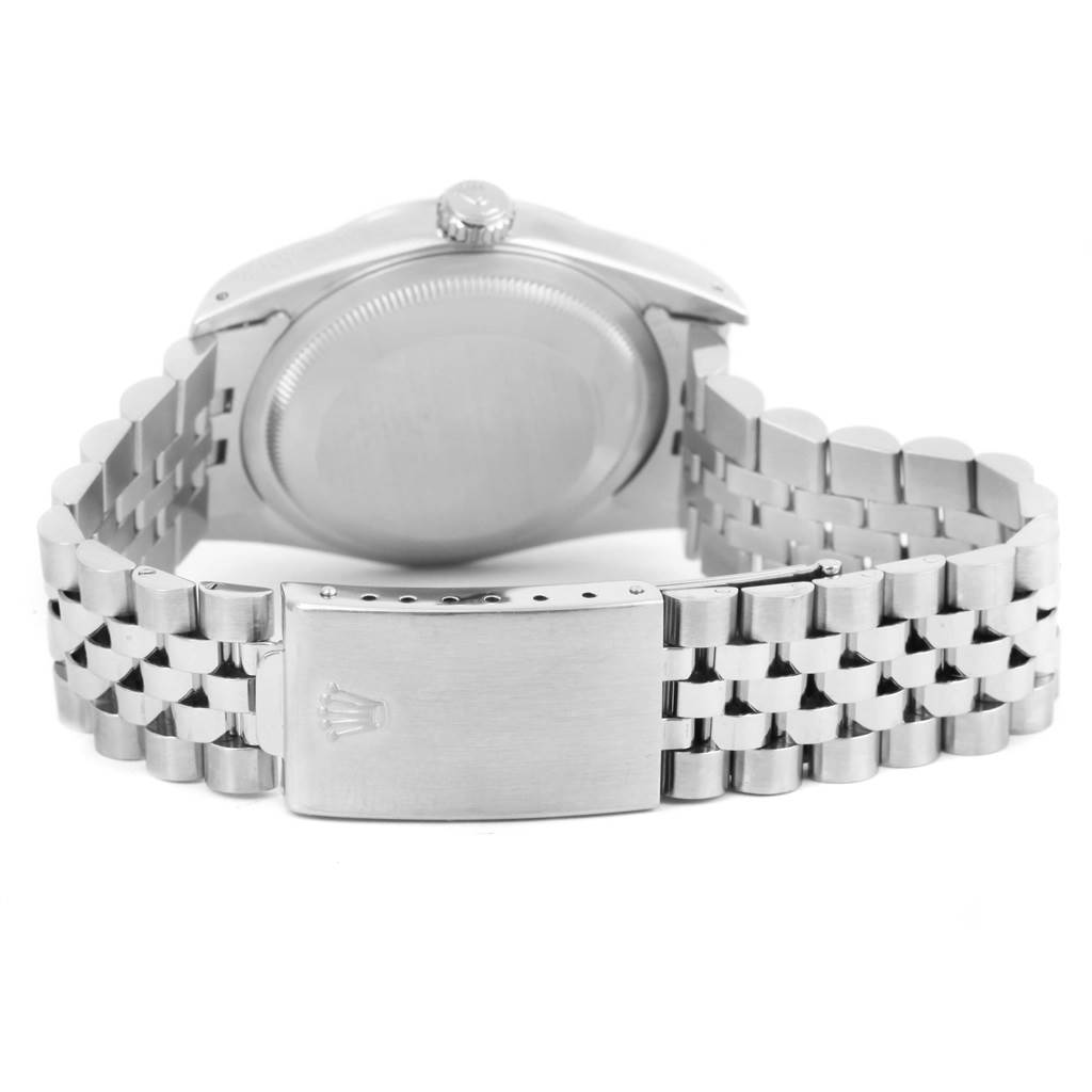 This image shows the back case and clasp of a Rolex Datejust 16200 Men's Stainless Steel Beige Dial 16200 Men's Stainless Steel Beige Dial watch from a rear angle.