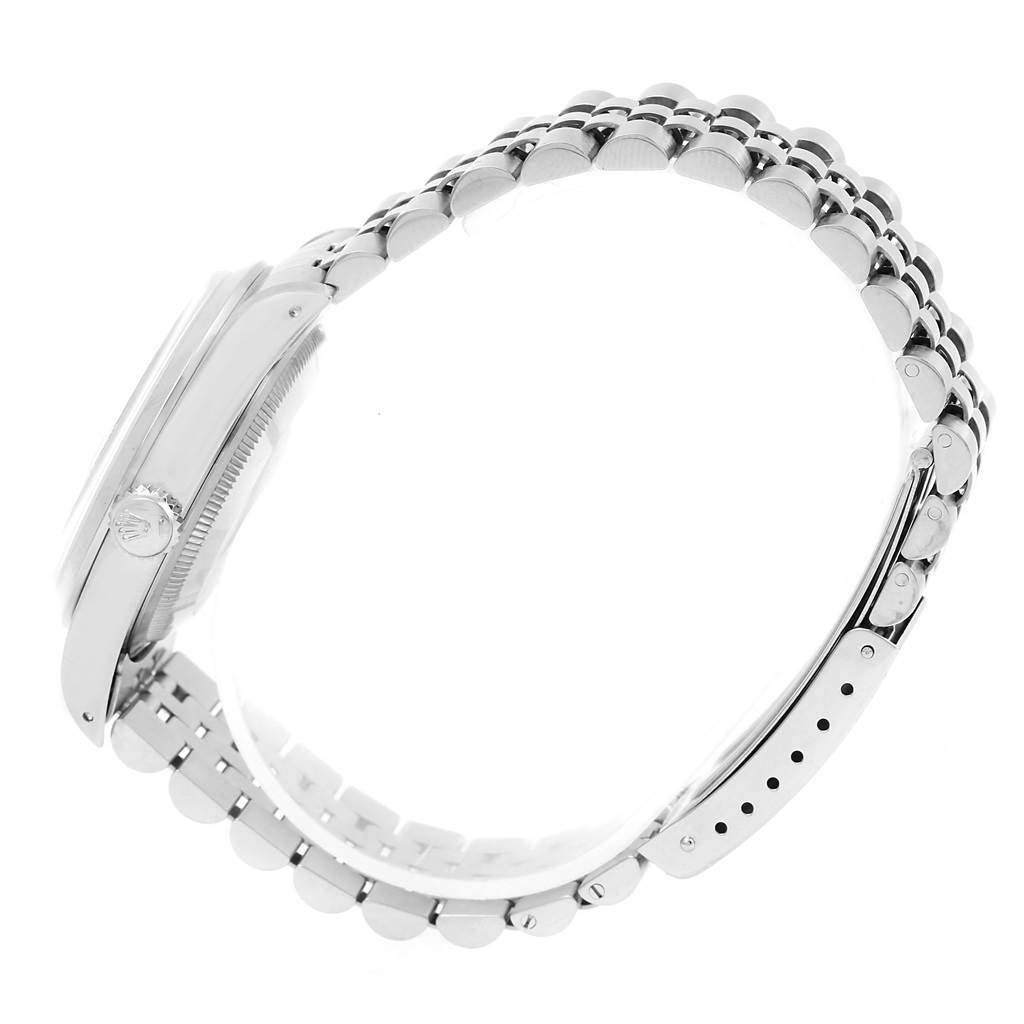 The image shows a side view of the Rolex Datejust 16200 Men's Stainless Steel Beige Dial 16200 Men's Stainless Steel Beige Dial watch, highlighting the case, crown, and bracelet.