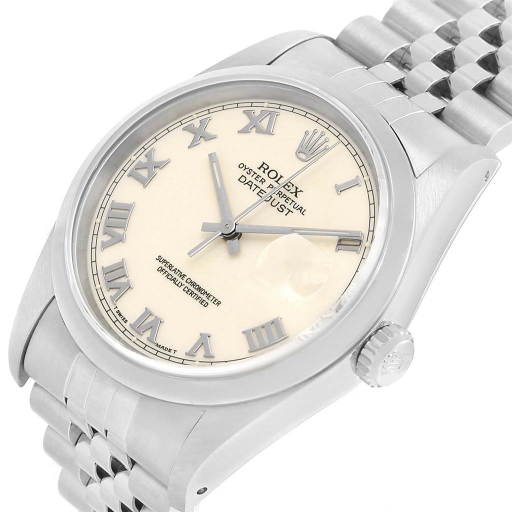 This image shows a close-up angle of a Rolex Datejust 16200 Men's Stainless Steel Beige Dial 16200 Men's Stainless Steel Beige Dial watch, featuring the dial, bracelet, crown, and part of the case.