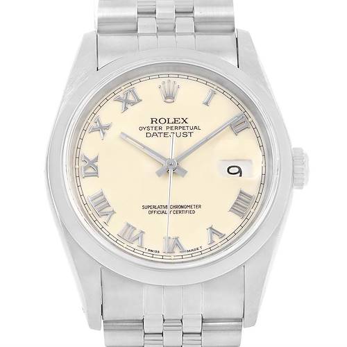 Photo of Rolex Datejust Ivory Roman Dial Steel Mens Watch 16200 Box Papers