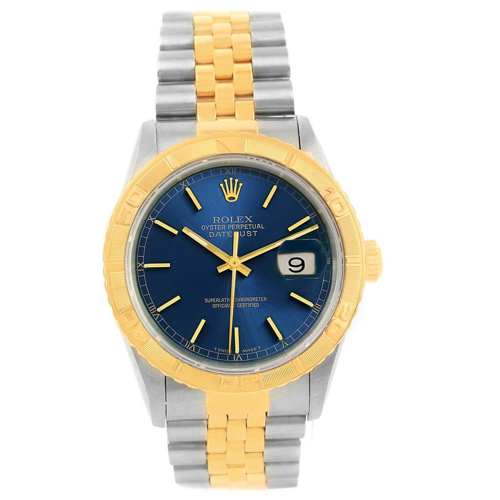 The image shows a front view of a Rolex Datejust 16263 Men's Steel and Gold (two tone) Blue Dial 16263 Men's Steel and Gold (two tone) Blue Dial watch featuring a blue dial, a two-tone bracelet, and a yellow gold bezel.