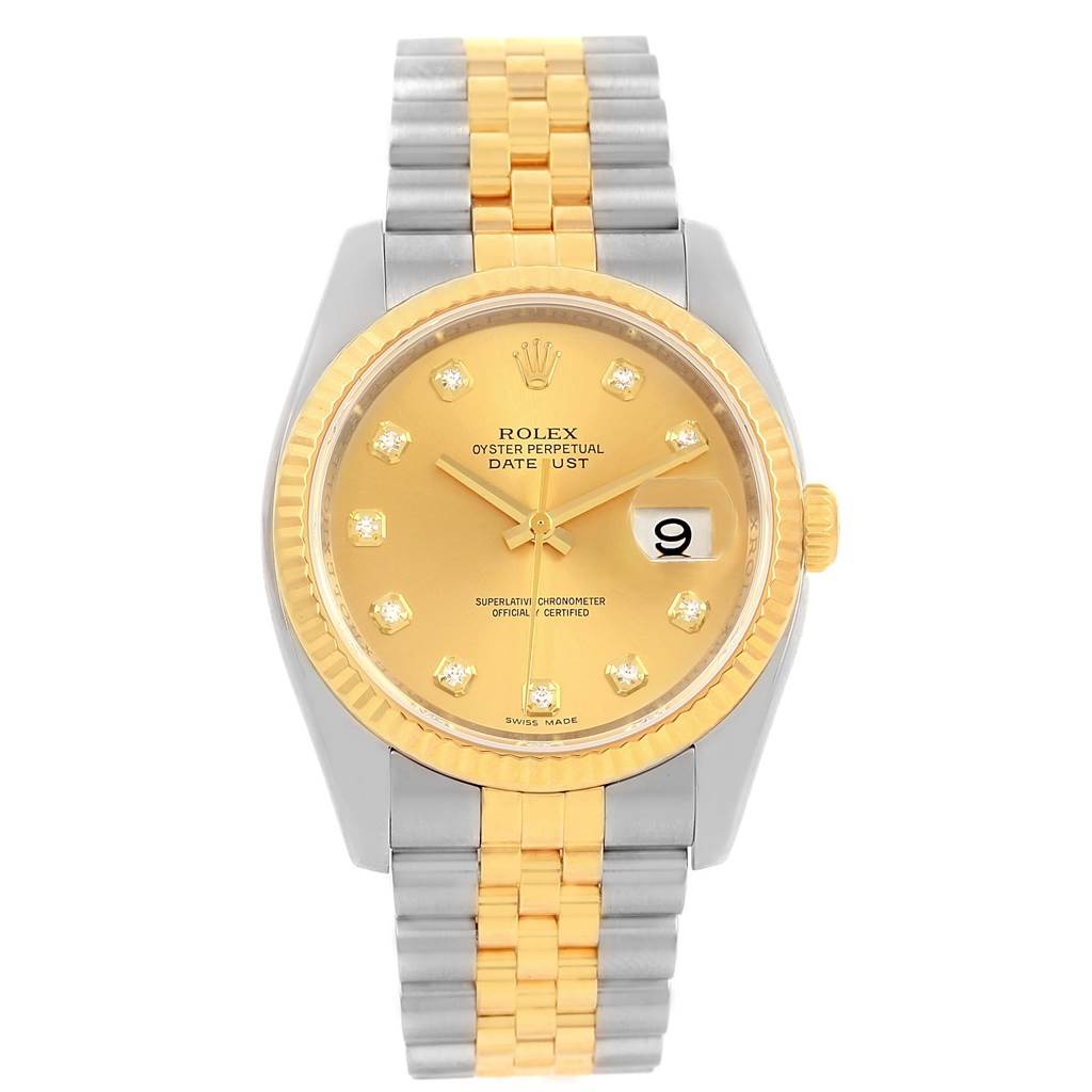 This image shows a front view of a Rolex Datejust 116233 Men
s Stainless Steel Champagne Dial 116233 Men
s Stainless Steel Champagne Dial watch, highlighting its dial, bezel, case, and two-tone metal bracelet.