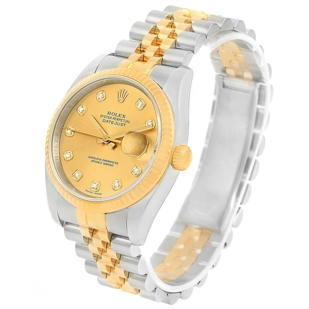 The Rolex Datejust 116233 Men
s Stainless Steel Champagne Dial 116233 Men
s Stainless Steel Champagne Dial watch is shown at a slight angle, highlighting its face, bezel, and two-tone bracelet.