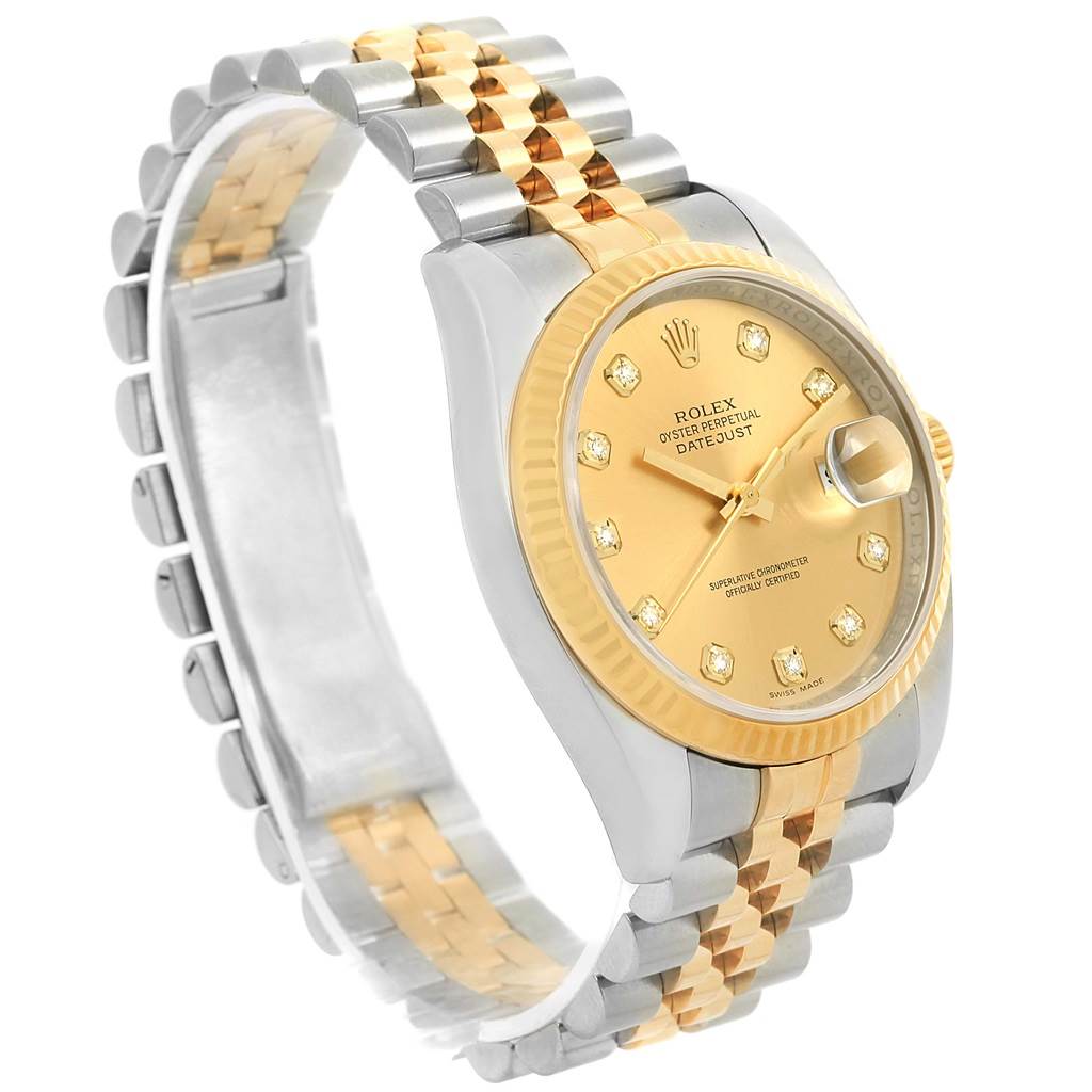 This image shows a Rolex Datejust 116233 Men
s Stainless Steel Champagne Dial 116233 Men
s Stainless Steel Champagne Dial watch at an angle displaying the gold dial, fluted bezel, and two-tone Jubilee bracelet.