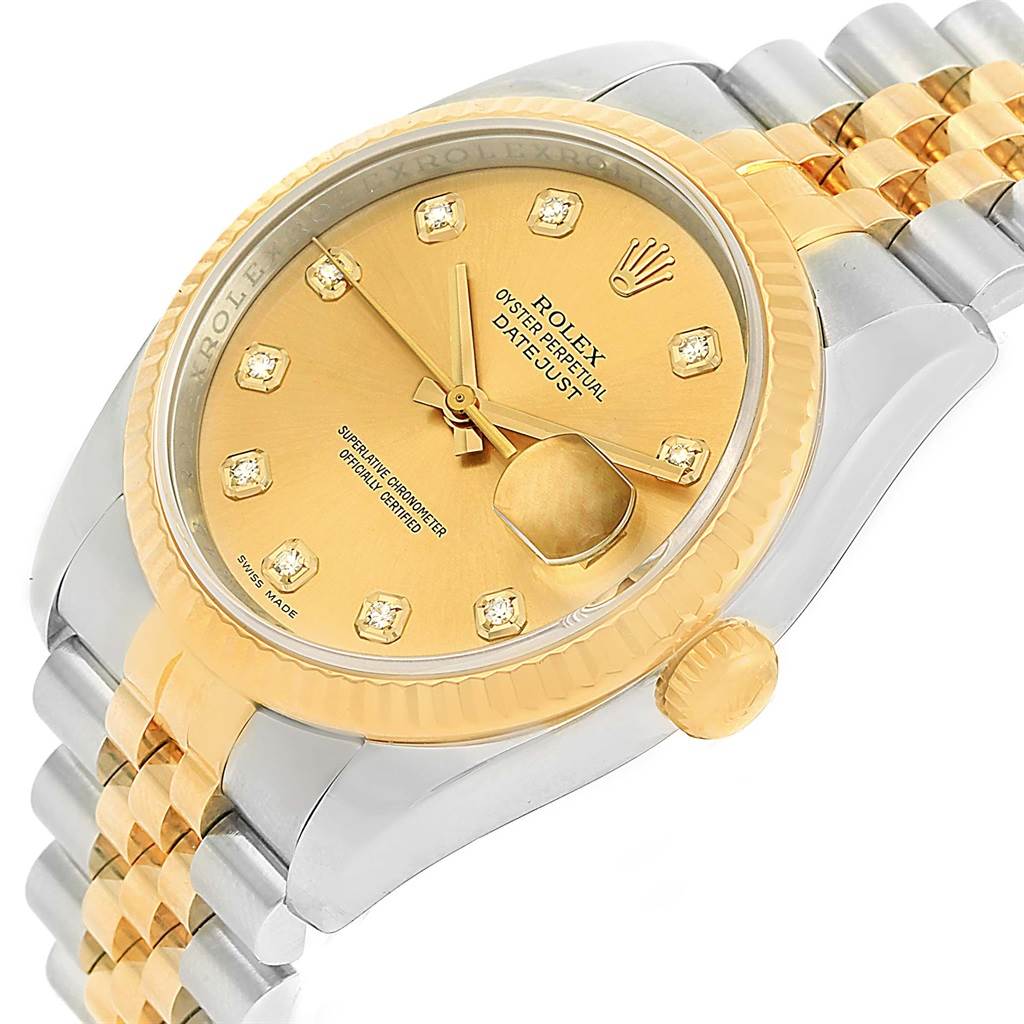 The image shows a close-up angled view of a Rolex Datejust 116233 Men
s Stainless Steel Champagne Dial 116233 Men
s Stainless Steel Champagne Dial watch, highlighting the dial, bezel, crown, and part of the bracelet.