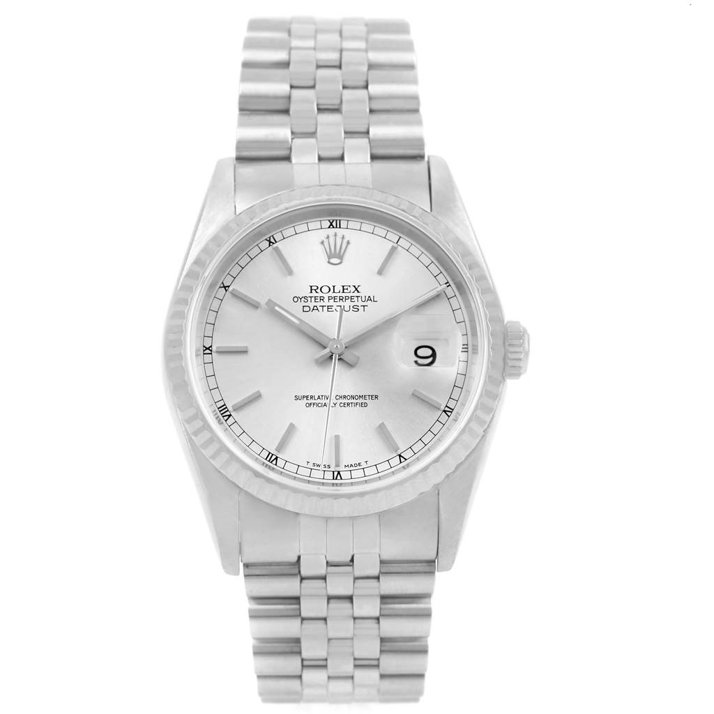 This Rolex Datejust 16234 Men
s Stainless Steel Silver Dial 16234 Men
s Stainless Steel Silver Dial watch is shown from the front, displaying the dial, bezel, and bracelet.