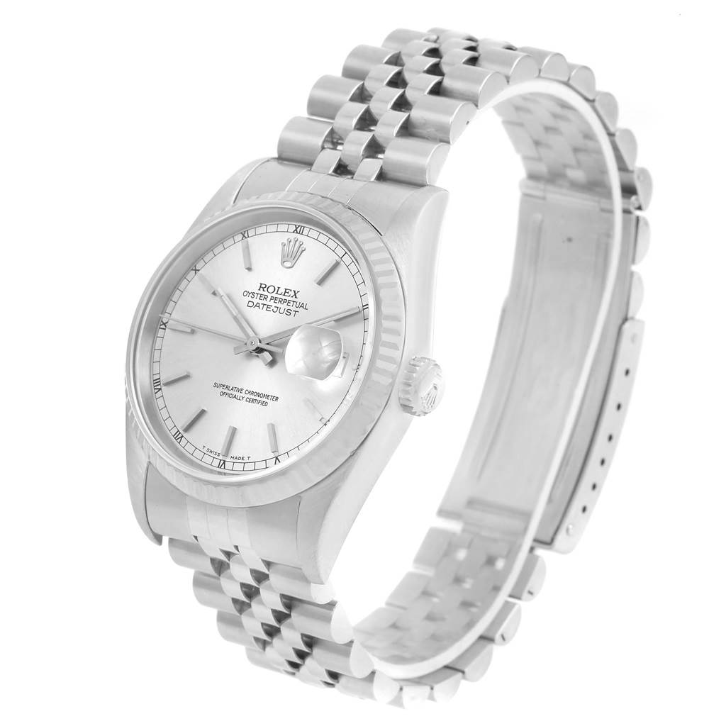 The image shows a Rolex Datejust 16234 Men
s Stainless Steel Silver Dial 16234 Men
s Stainless Steel Silver Dial watch at a three-quarter angle, highlighting its face, bezel, and bracelet.