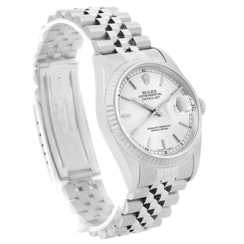 This image shows a Rolex Datejust 16234 Men
s Stainless Steel Silver Dial 16234 Men
s Stainless Steel Silver Dial watch from a three-quarter angle, displaying the face, bezel, lugs, and bracelet.