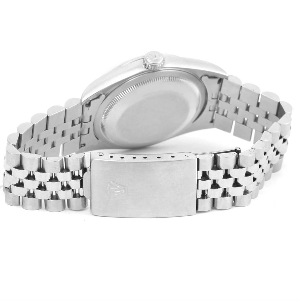 This image shows the back and clasp of a Rolex Datejust 16234 Men
s Stainless Steel Silver Dial 16234 Men
s Stainless Steel Silver Dial watch, emphasizing the bracelet and case back.