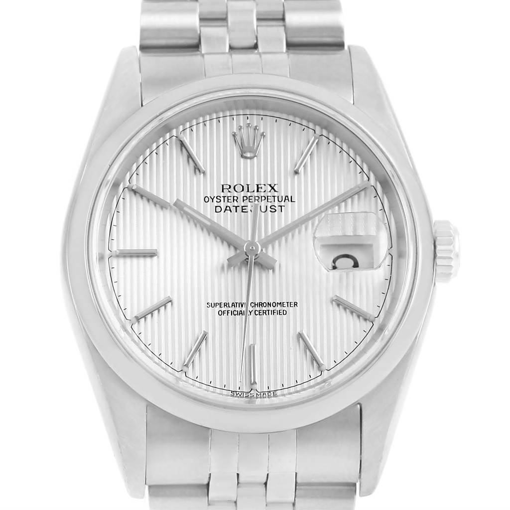 The image shows a front-facing view of a Rolex Datejust 16200 Men's Stainless Steel Silver Dial 16200 Men's Stainless Steel Silver Dial watch, highlighting its dial, hands, date window, and bracelet.