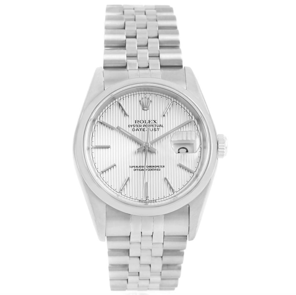 The image shows a front view of a Rolex Datejust 16200 Men's Stainless Steel Silver Dial 16200 Men's Stainless Steel Silver Dial watch, displaying its face, bezel, and bracelet.