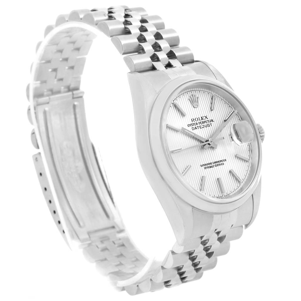 This Rolex Datejust 16200 Men's Stainless Steel Silver Dial 16200 Men's Stainless Steel Silver Dial watch is shown at a three-quarter angle, showcasing the face, bracelet, and clasp.