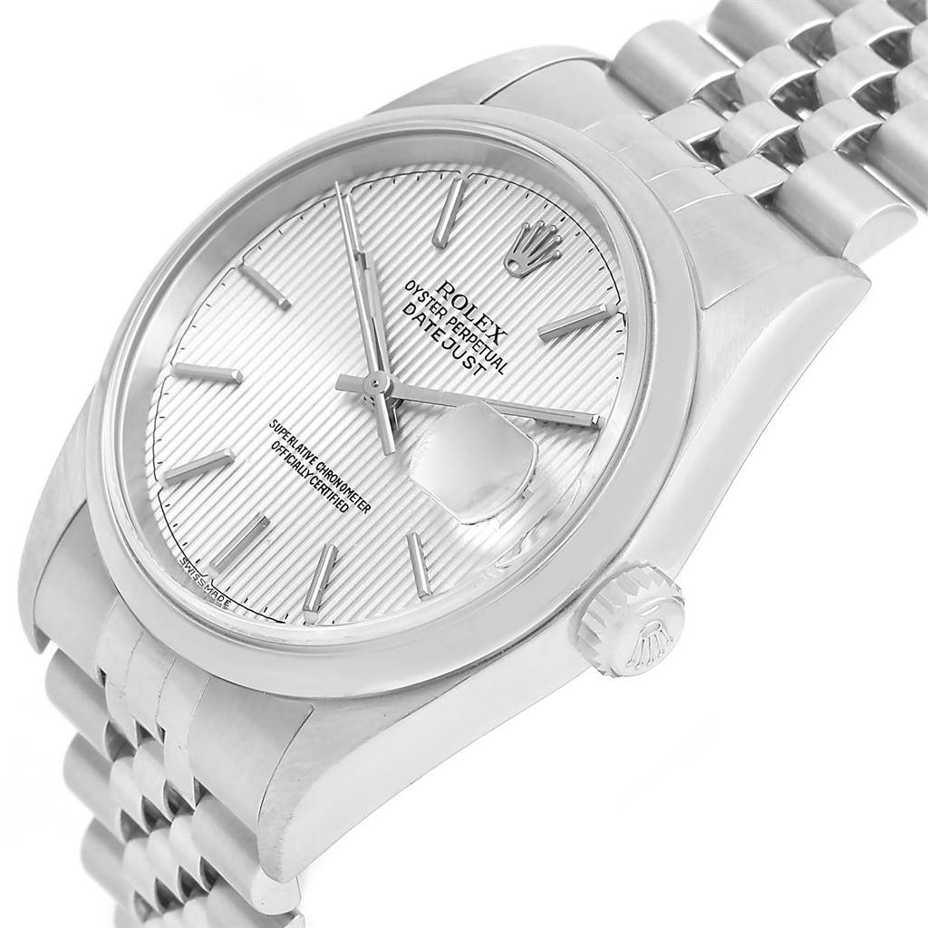 The image shows a close-up angle of the Rolex Datejust 16200 Men's Stainless Steel Silver Dial 16200 Men's Stainless Steel Silver Dial watch, highlighting the dial, crown, and part of the bracelet.