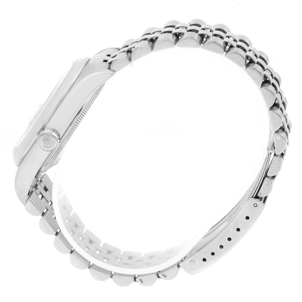 The image shows a side view of a Rolex Datejust 16200 Men's Stainless Steel Silver Dial 16200 Men's Stainless Steel Silver Dial watch, highlighting the crown, case side, and bracelet.