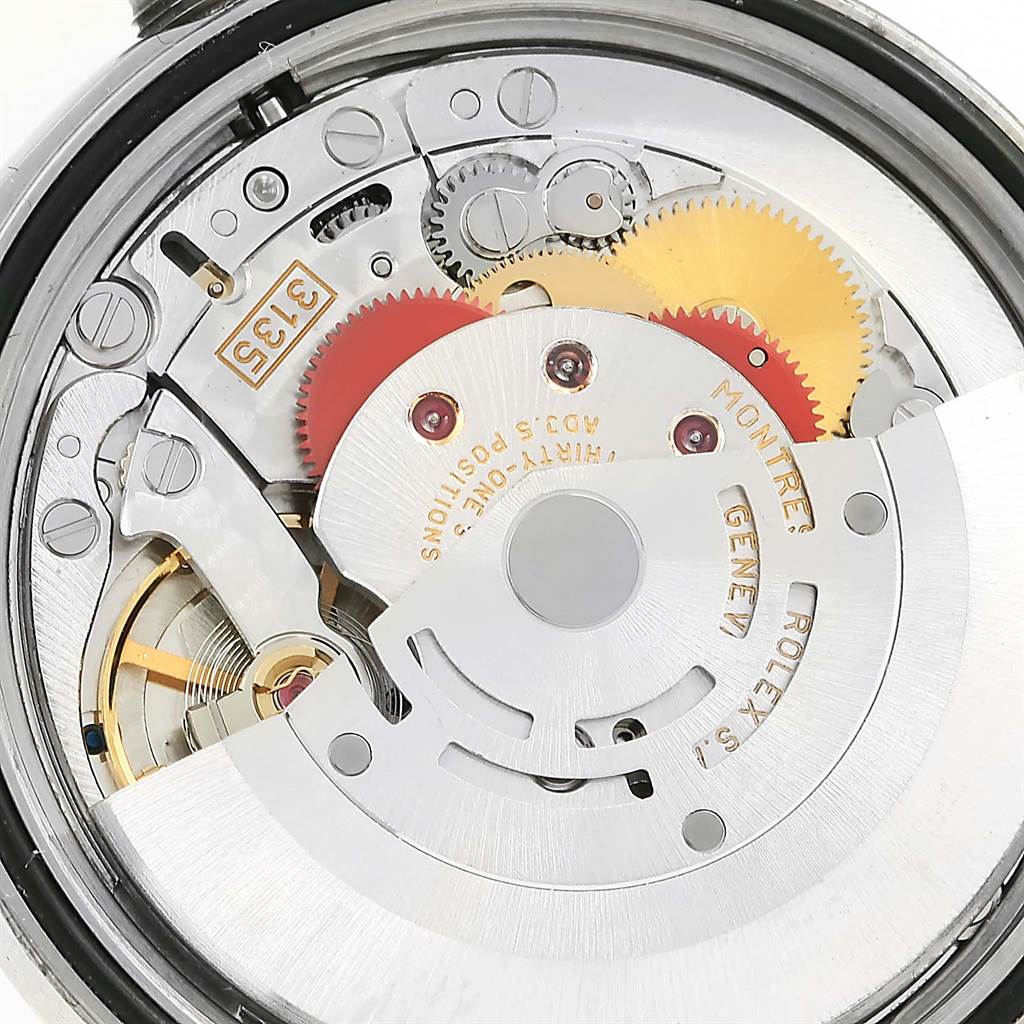 This close-up angle shows the movement mechanism of a Rolex Datejust 16200 Men's Stainless Steel Silver Dial 16200 Men's Stainless Steel Silver Dial watch.