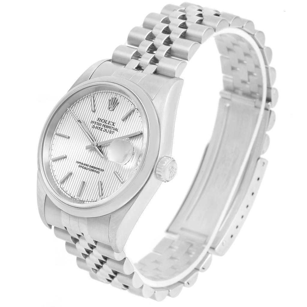 The Rolex Datejust 16200 Men's Stainless Steel Silver Dial 16200 Men's Stainless Steel Silver Dial watch is shown at a tilted angle, displaying the face, crown, and Jubilee bracelet.
