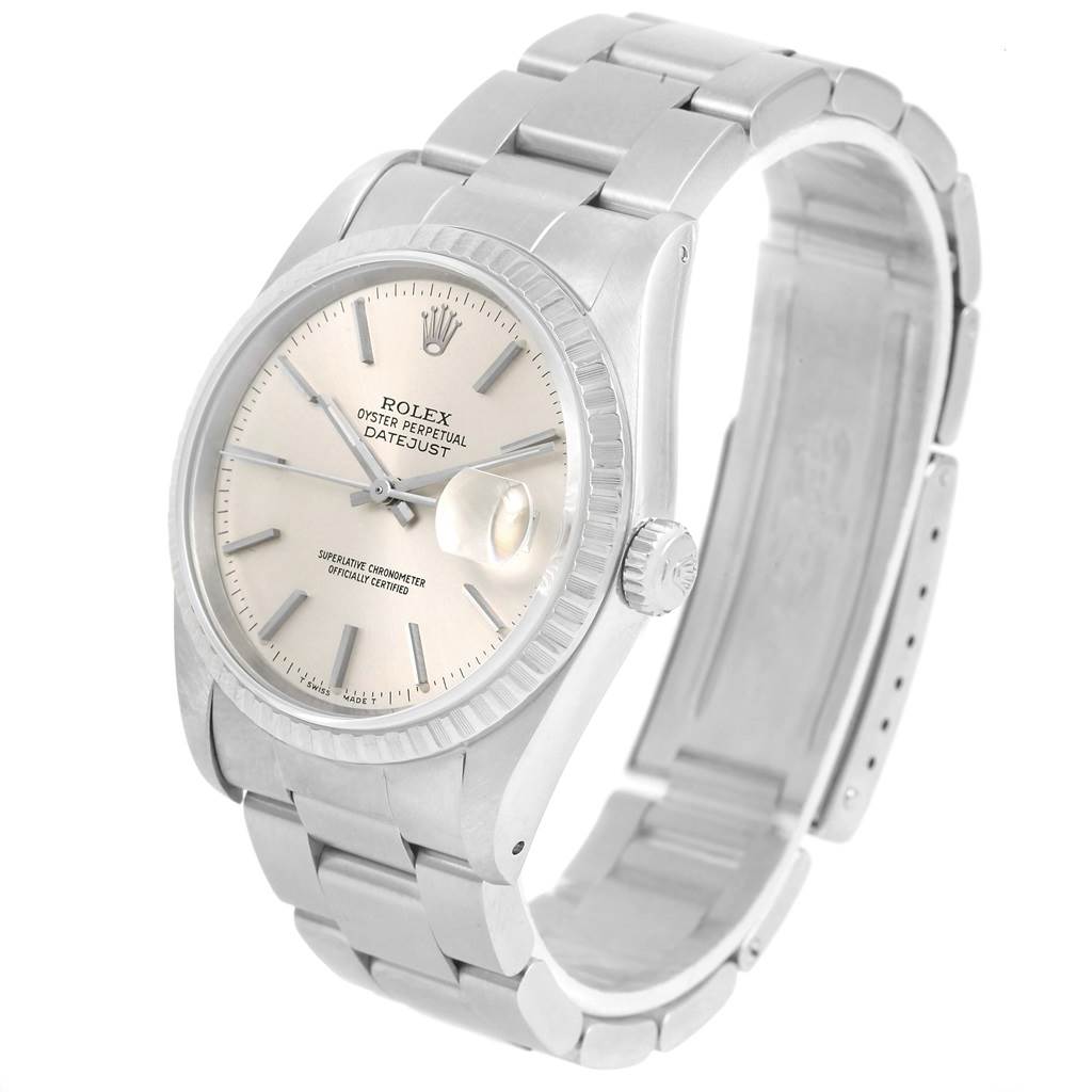 The image features a Rolex Datejust 16220 Men
s Stainless Steel Silver Dial 16220 Men
s Stainless Steel Silver Dial watch at a slight angle, showcasing the dial, bracelet, crown, and date magnifier.