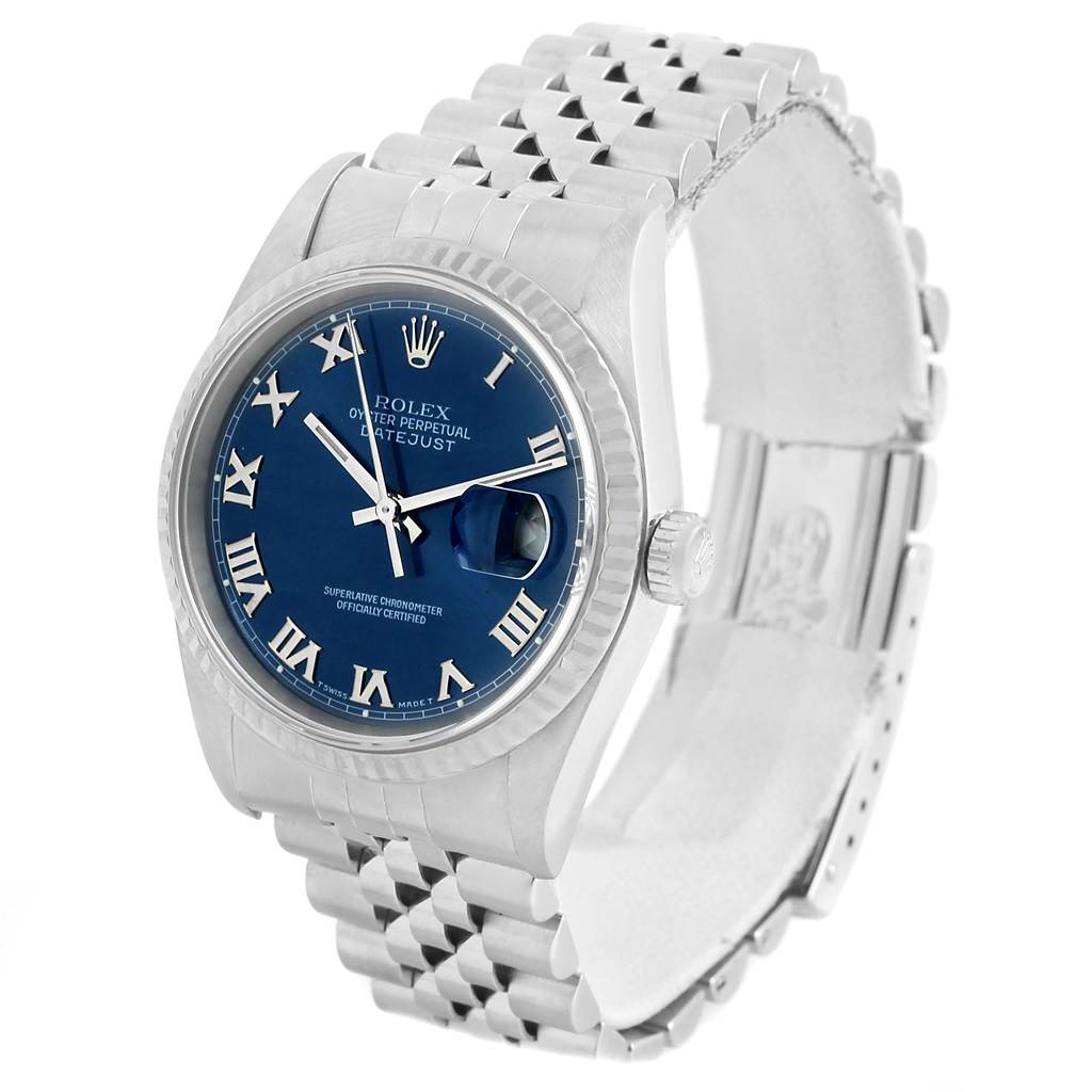The image shows a Rolex Datejust 16234 Men's Stainless Steel Blue Dial 16234 Men's Stainless Steel Blue Dial watch at a 3/4 angle, highlighting the face, bezel, crown, and bracelet.