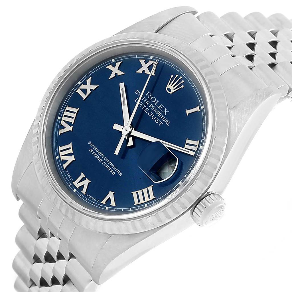 The Rolex Datejust 16234 Men's Stainless Steel Blue Dial 16234 Men's Stainless Steel Blue Dial watch is shown at an angle displaying the watch face, crown, and part of the bracelet.