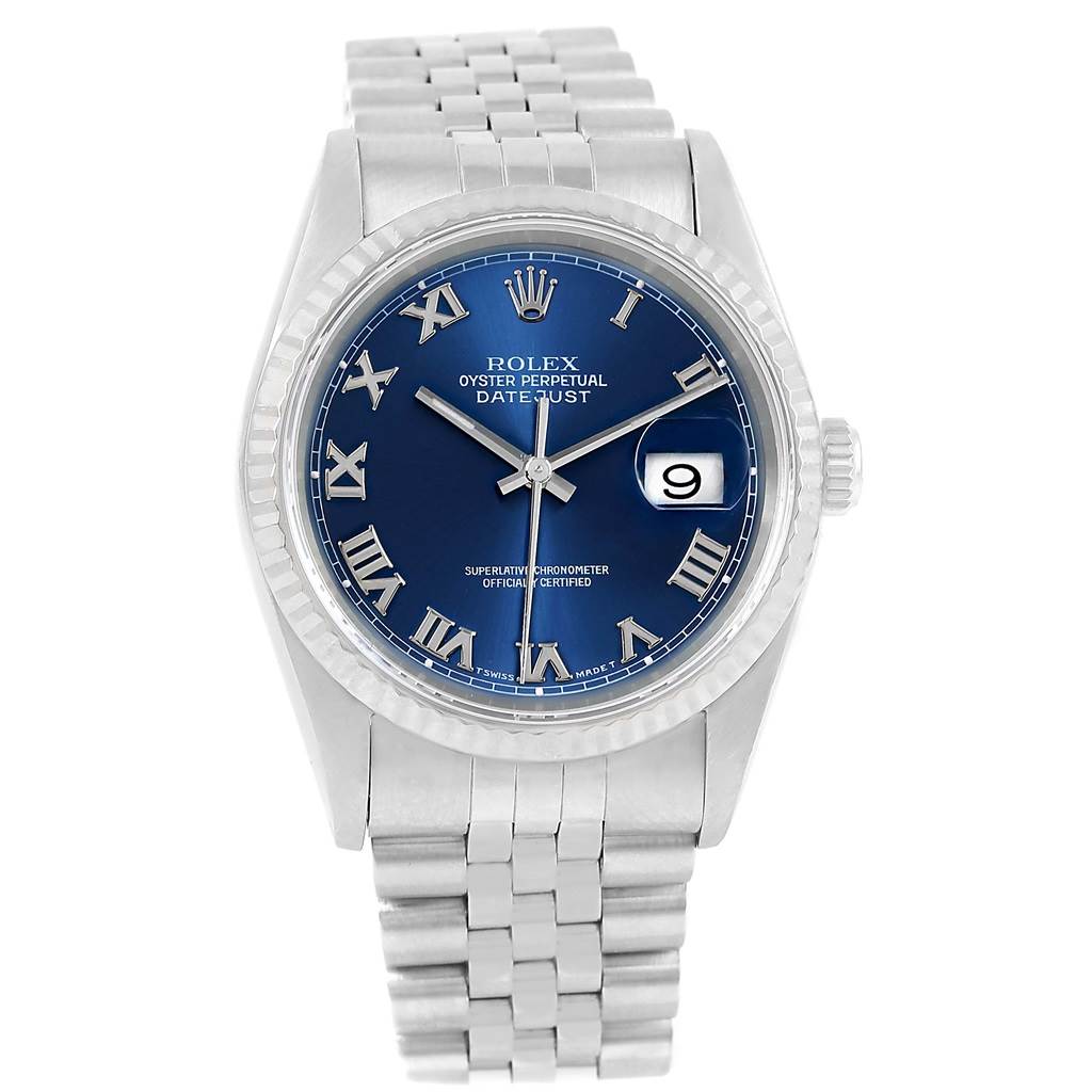 This image shows a front view of a Rolex Datejust 16234 Men's Stainless Steel Blue Dial 16234 Men's Stainless Steel Blue Dial watch, displaying its blue dial, Roman numerals, fluted bezel, and bracelet.