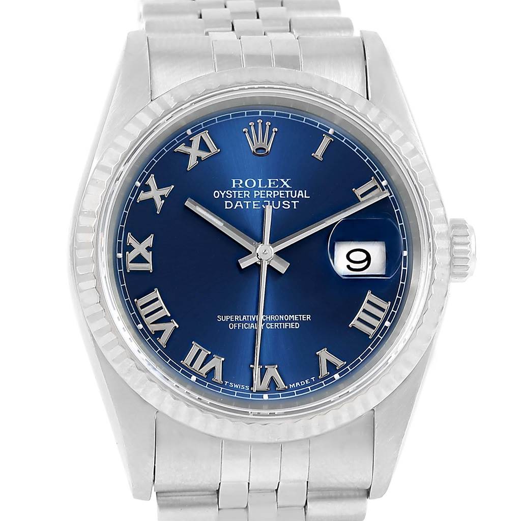 The image shows a front view of a Rolex Datejust 16234 Men's Stainless Steel Blue Dial 16234 Men's Stainless Steel Blue Dial watch, highlighting the blue dial with Roman numerals and the date window.