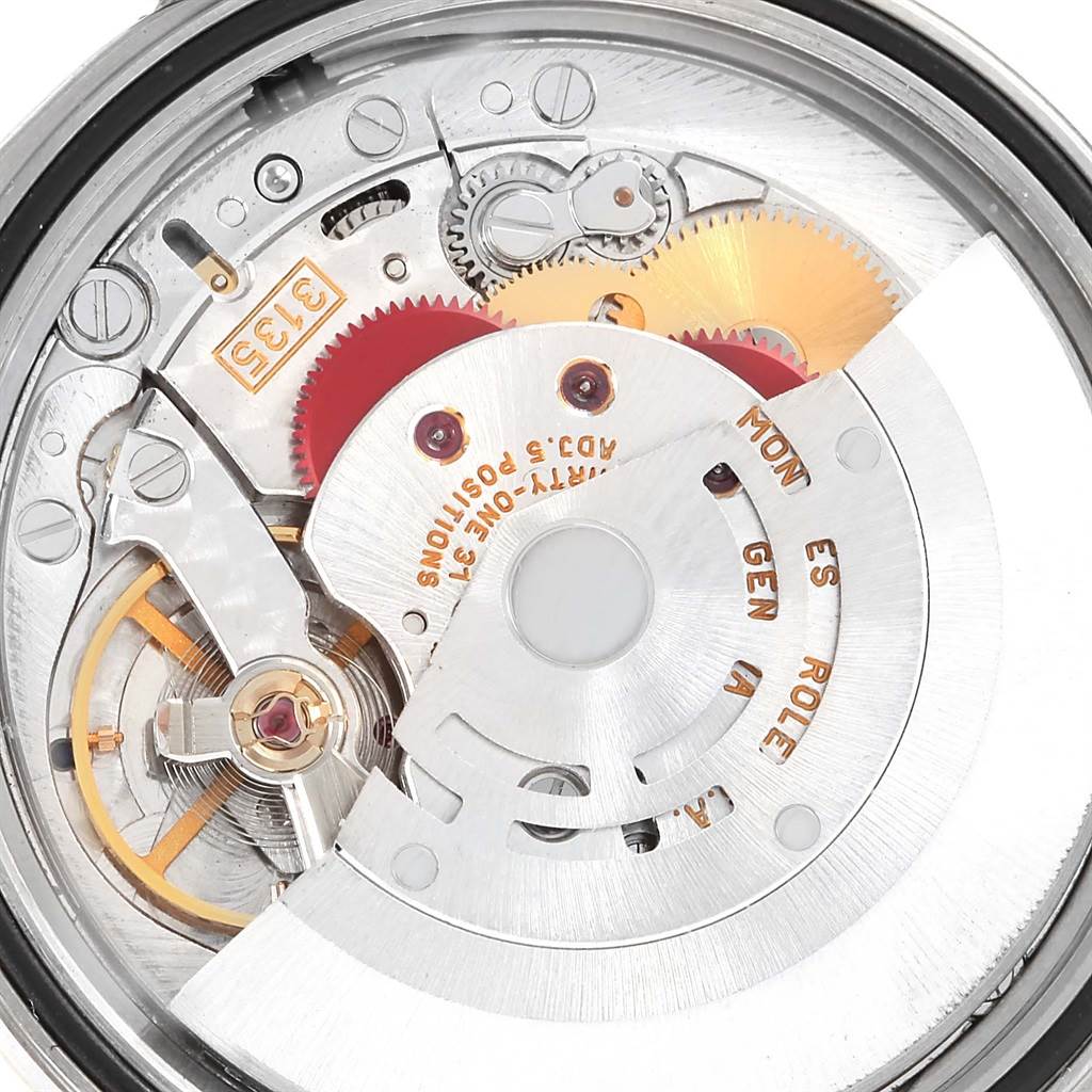 The image shows the internal mechanical movement of a Rolex Datejust 16234 Men's Stainless Steel Blue Dial 16234 Men's Stainless Steel Blue Dial watch from a top-down angle.