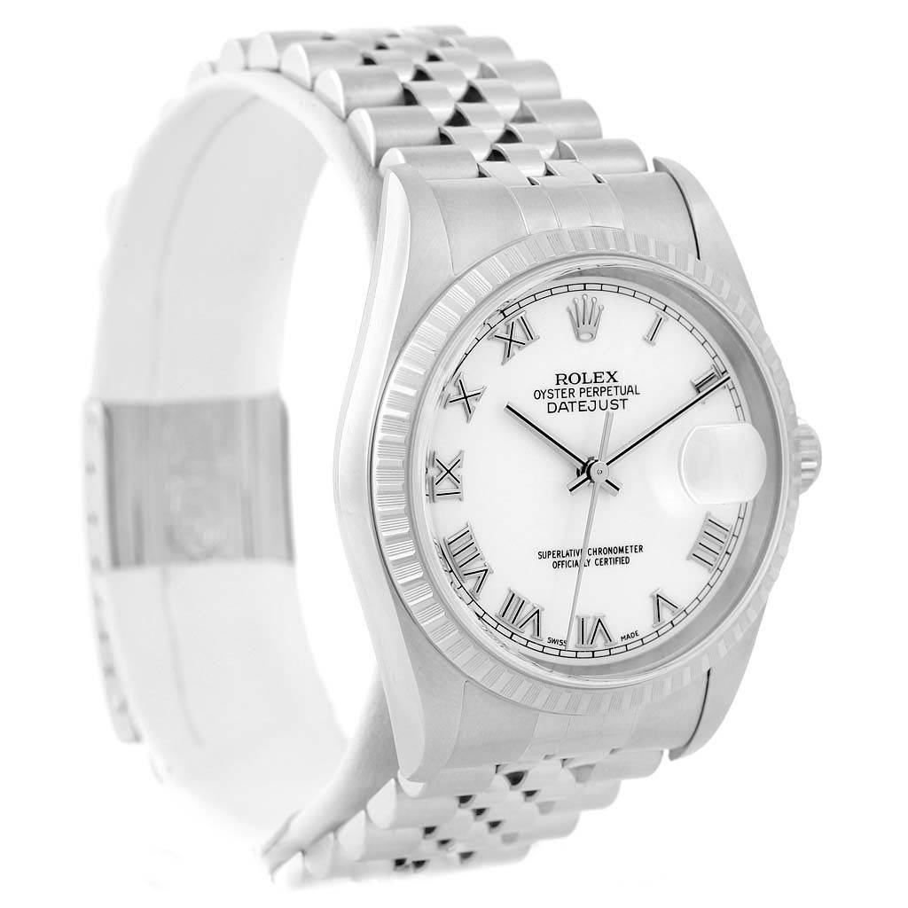 This Rolex Datejust 16220 Men
s Stainless Steel White Dial 16220 Men
s Stainless Steel White Dial watch is shown at an oblique angle, displaying the face, bezel, case, crown, and bracelet.