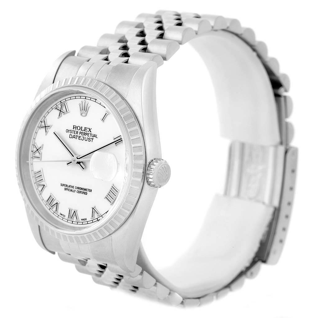 This image shows a side angle of the Rolex Datejust 16220 Men
s Stainless Steel White Dial 16220 Men
s Stainless Steel White Dial watch, highlighting the face, bezel, crown, and bracelet.